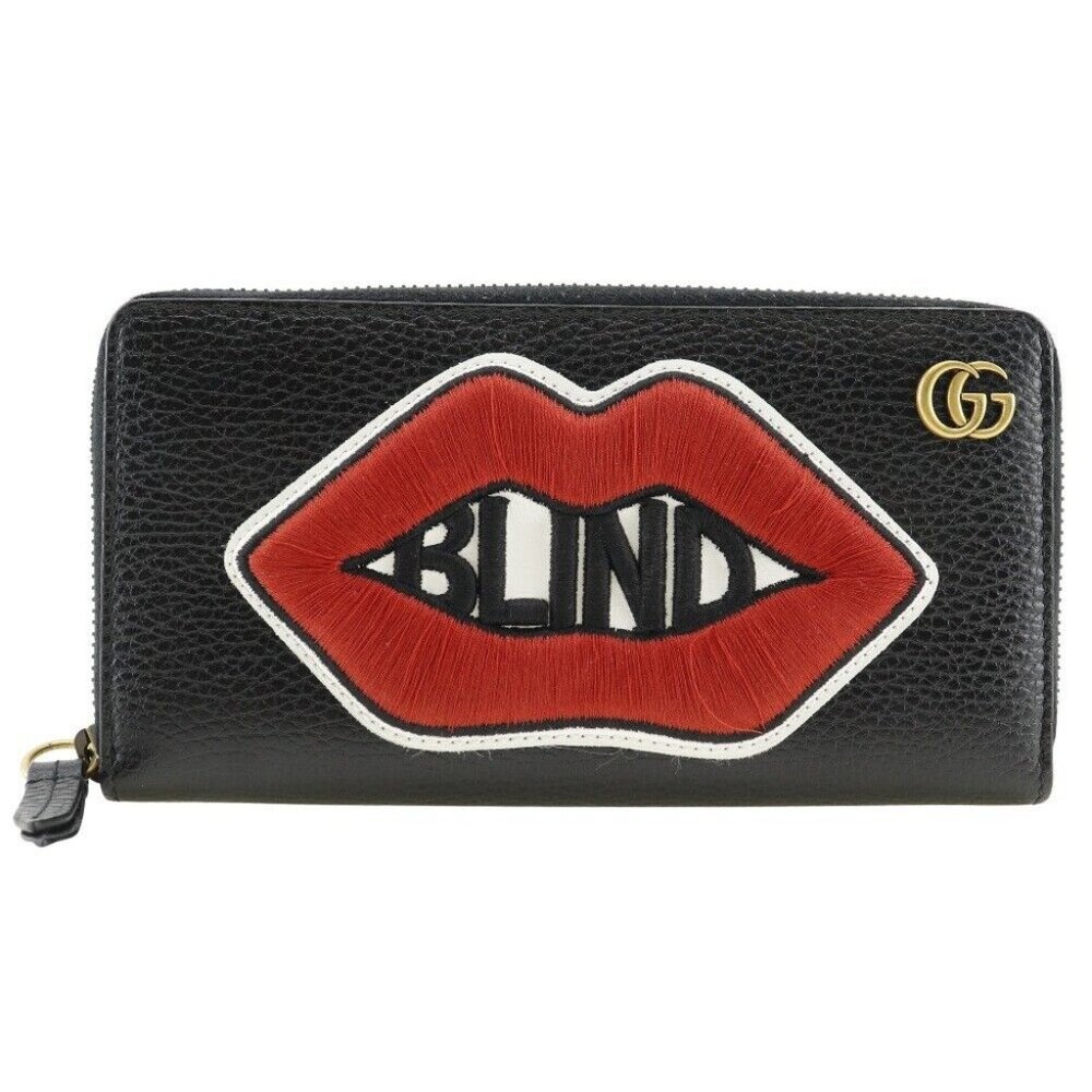 GUCCI Zip Around Purse 474584 Embroidery GG Marmont black leather unisex